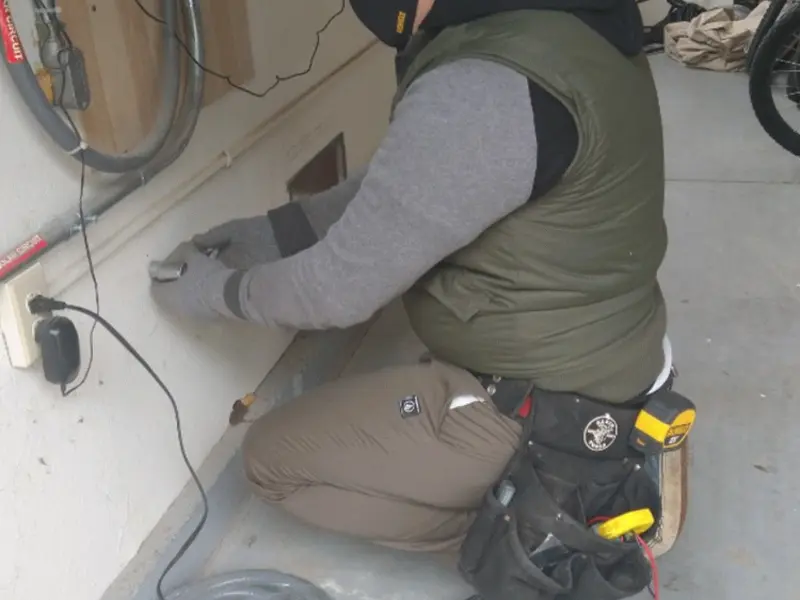Electrician performing outlet wiring in a South Kensington garage